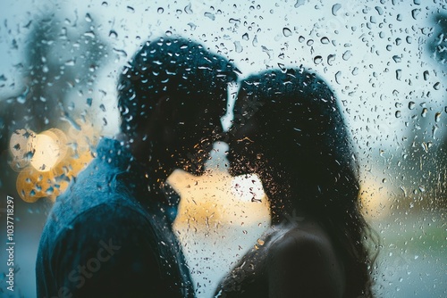 Silhouette of a Couple Embracing Through a Rain-Streaked Window photo