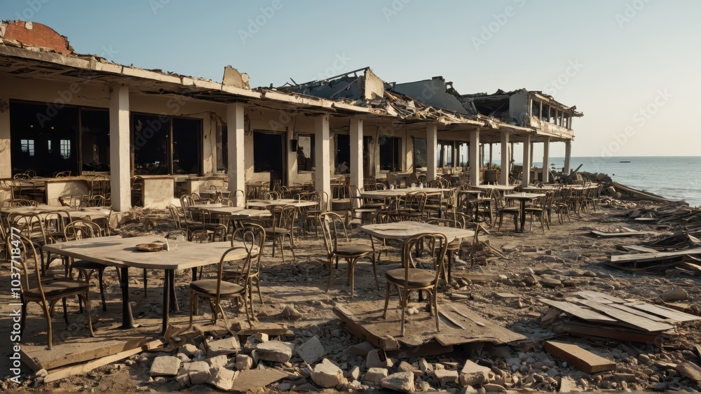 Destroyed beachfront restaurant with broken chairs and tables after a natural disaster Destroyed beachfront restaurant with broken chairs and tables after a natural disaster