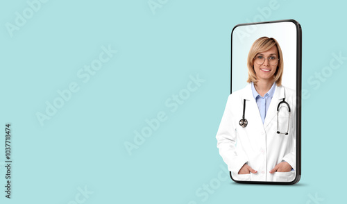 Online medical consultation. Doctor on smartphone screen against light blue background. Banner design with space for text photo