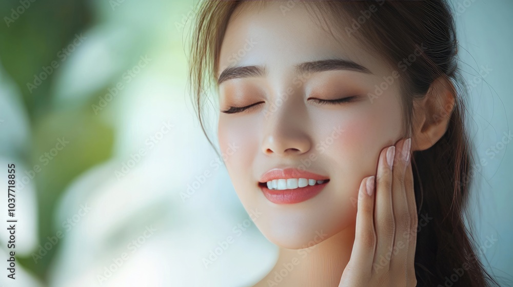 Smiling woman gently touching her cheek in a peaceful moment Smiling woman gently touching her cheek in a peaceful moment