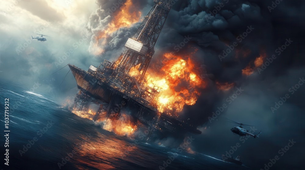 An oil rig blew up and on fire in the ocean An oil rig blew up and on fire in the ocean