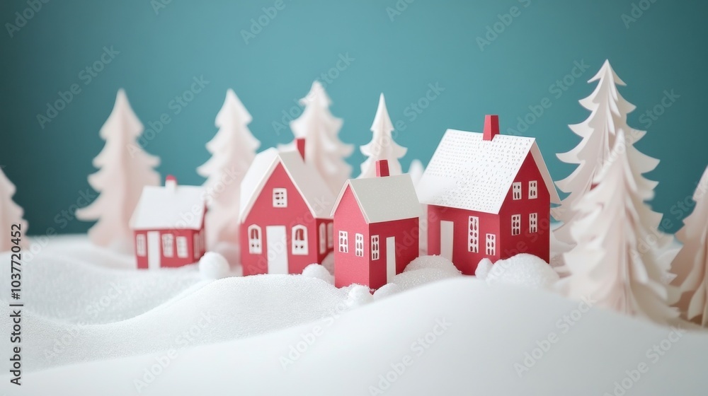 Fototapeta premium Whimsical Paper Cut Houses in Snowy Village Scene