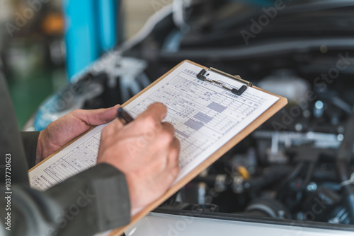 自動車のエンジンルームをチェックする自動車整備士・受け入れ検査（車検・定期点検）
