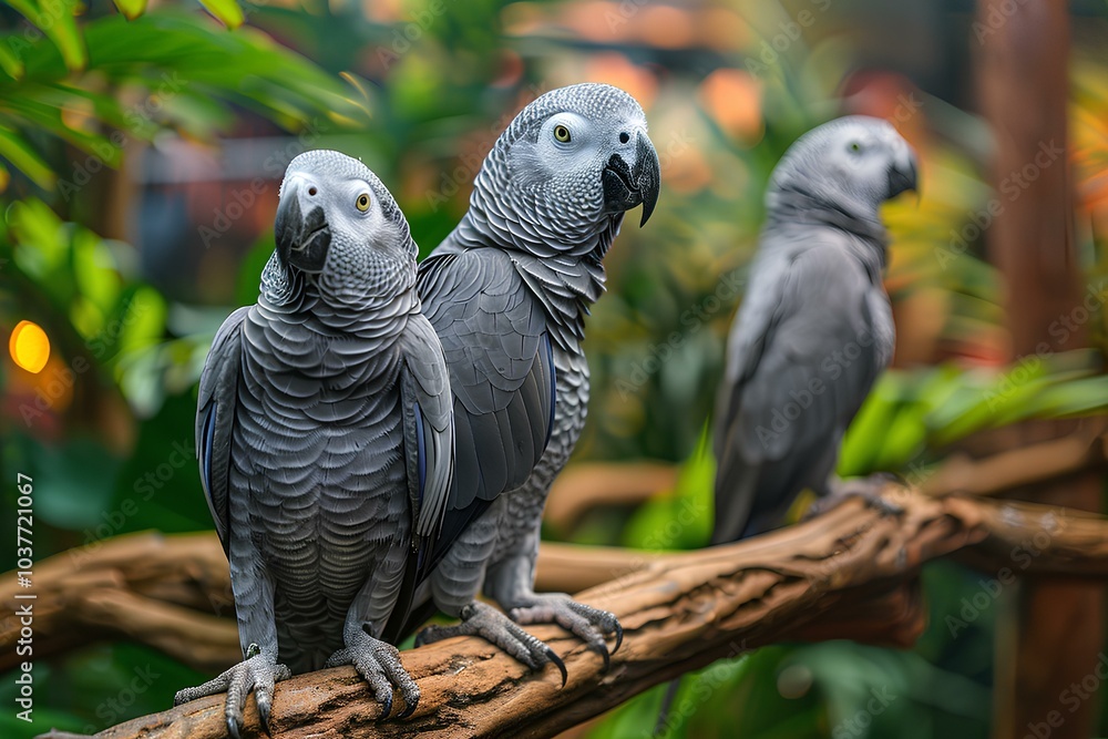 Obraz premium Two parrots sitting on a branch of a tree
