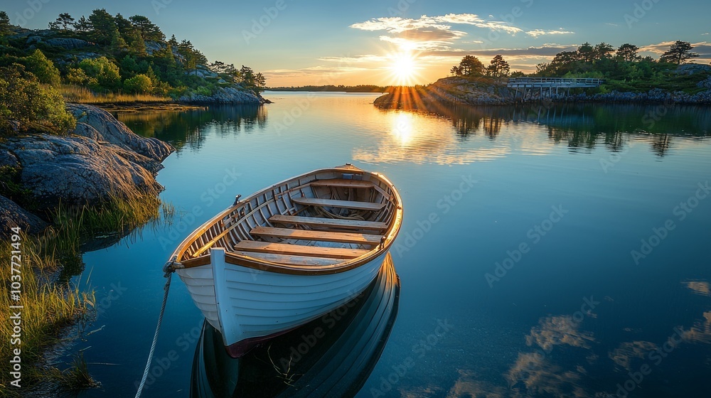 A small wooden boat floating on a calm lake at sunset with beautiful reflections A small wooden boat floating on a calm lake at sunset with beautiful reflections