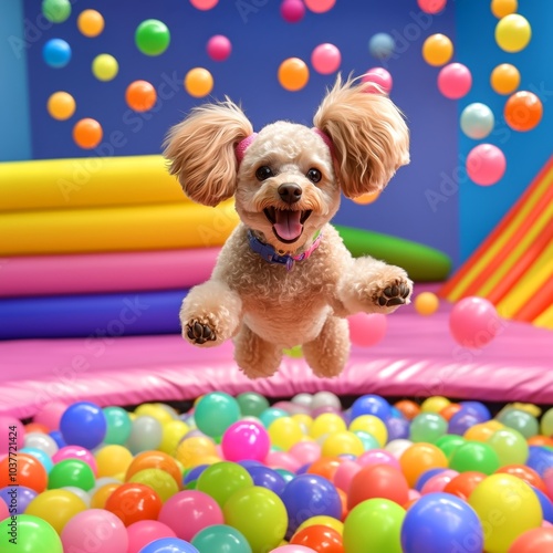 puppy golden doodle jumping in a colored ball pit