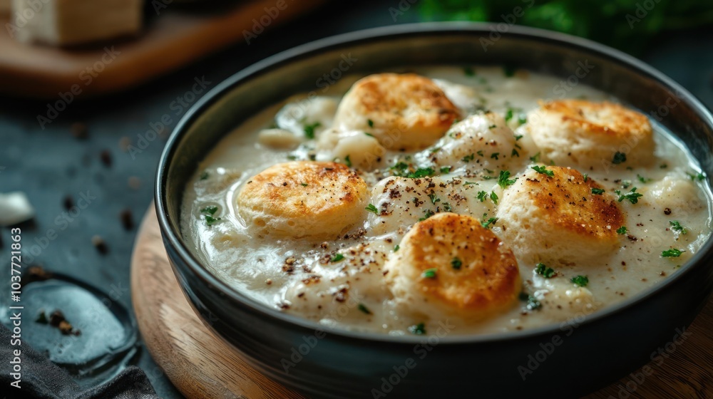 Creamy, flavorful soup with chunks of breaded food and seasonings Creamy, flavorful soup with chunks of breaded food and seasonings