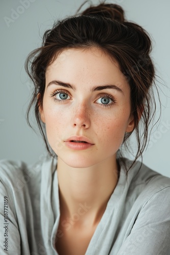 A captivating portrait of a woman with freckles and deep blue eyes, exuding natural beauty and serene confidence.