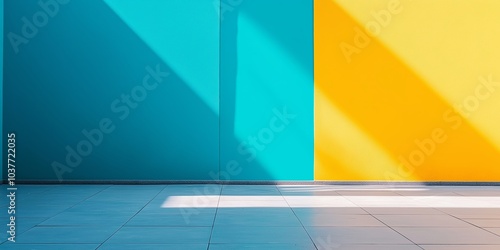 A minimalist scene features vibrant teal and yellow walls in geometric division with shadows cast dramatically on the floor. photo