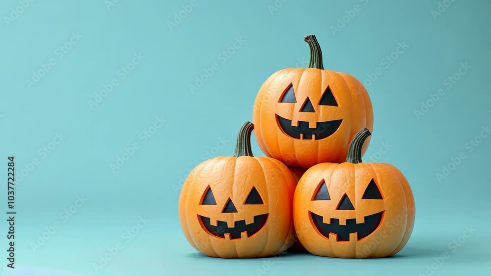 Three carved pumpkins sit on a blue background Three carved pumpkins sit on a blue background