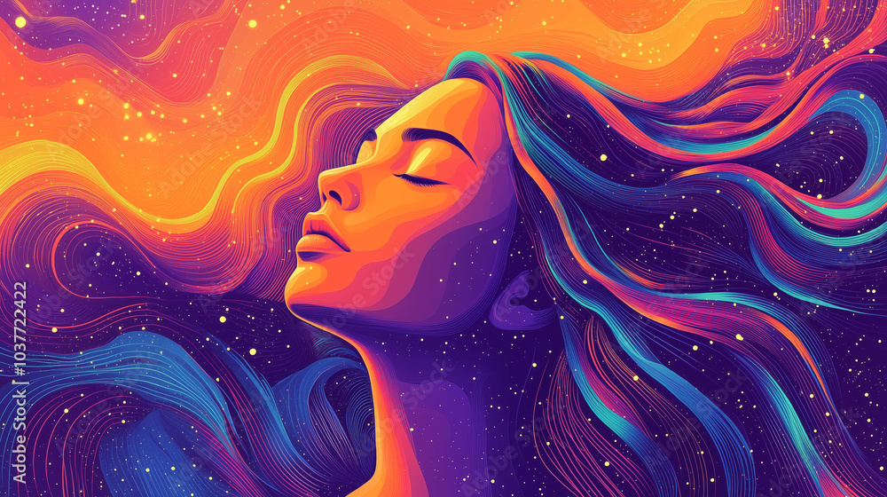 Cosmic Woman with Flowing Hair and Neon Colors Cosmic Woman with Flowing Hair and Neon Colors