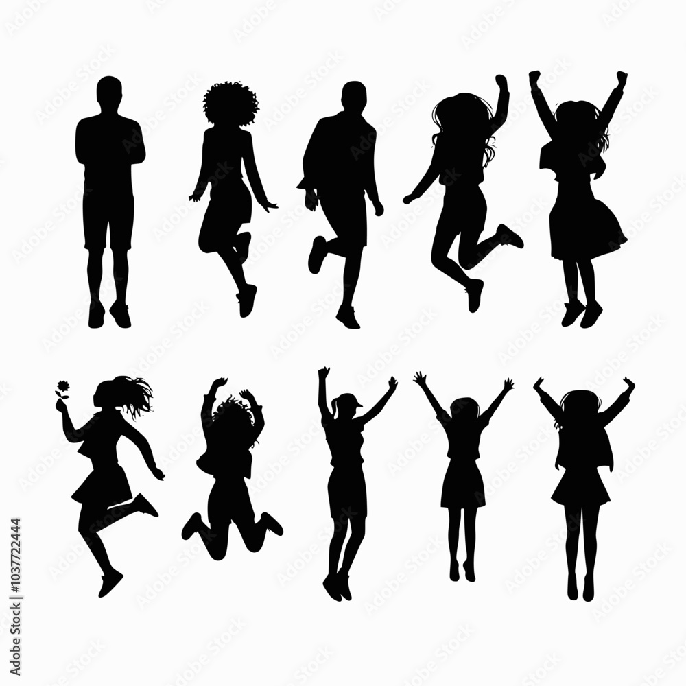 Obraz premium Silhouettes of jumping people. Some silhouettes of jumping girls and boys