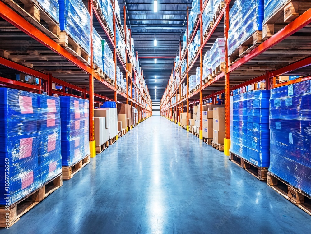 Fototapeta premium Warehouse Shelves with Palleted Goods and Bright Lighting