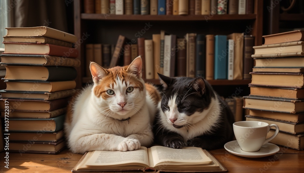 Cozy cats curled up with books and coffee, creating a relaxed literary atmosphere for World Cat Day Cozy cats curled up with books and coffee, creating a relaxed literary atmosphere for World Cat Day