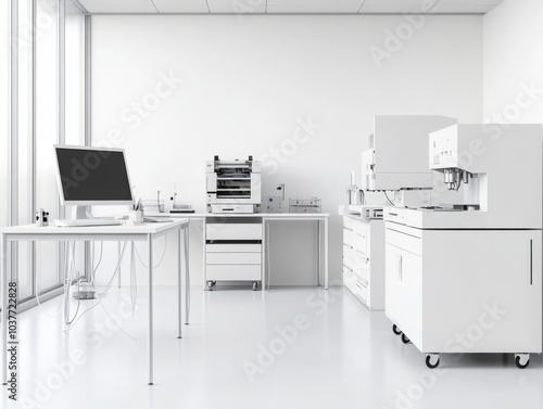 white laboratory with an electronic printing machine, computer, and other equipment on tables.