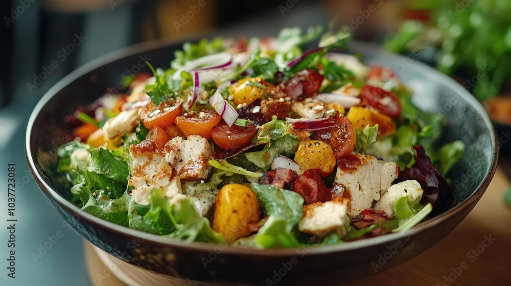 A delectable dish of a garden salad in a bowl, topped with chunks of chicken, cherry tomatoes, A delectable dish of a garden salad in a bowl, topped with chunks of chicken, cherry tomatoes,