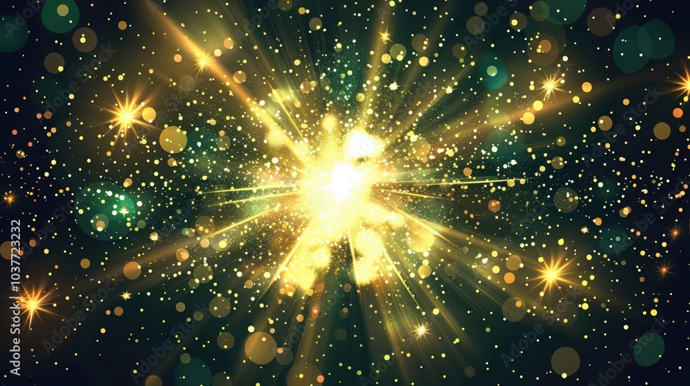 Radiant Particle Blast: Yellow and Green Glowing Lights on Dark Background Radiant Particle Blast: Yellow and Green Glowing Lights on Dark Background