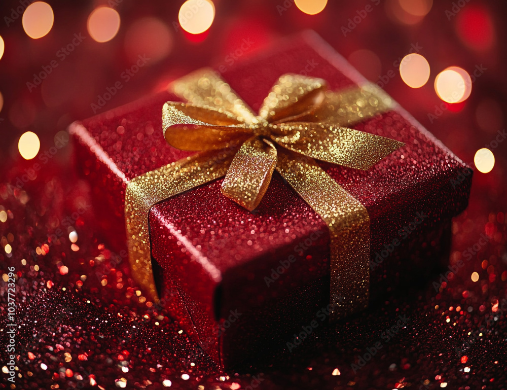 Elegant Red Gift Box with Golden Ribbon on Red Background Elegant Red Gift Box with Golden Ribbon on Red Background