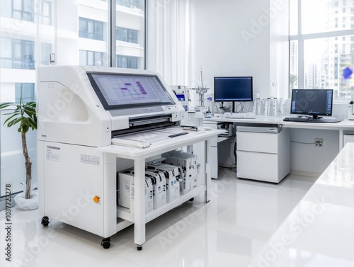 white laboratory with an electronic printing machine, computer, and other equipment on tables.