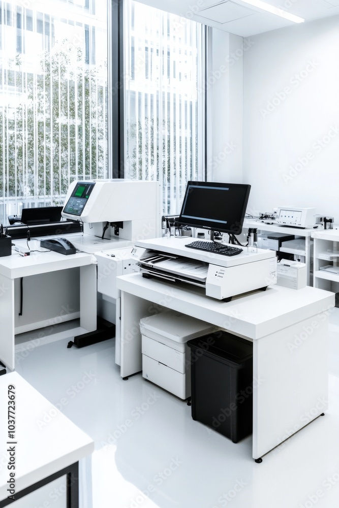 white laboratory with an electronic printing machine, computer, and other equipment on tables. white laboratory with an electronic printing machine, computer, and other equipment on tables.