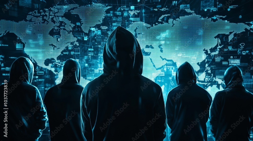 Obraz premium A global cyber security team responding to a massive data breach, illustrating the international nature of cybercrime