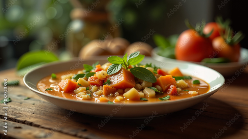 Comforting Nourishment: A Plate of Vegetable Soup Presented Artistically on a Rustic Table Comforting Nourishment: A Plate of Vegetable Soup Presented Artistically on a Rustic Table