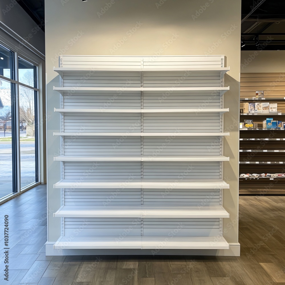 Empty Retail Shelves in a Modern Store Interior Empty Retail Shelves in a Modern Store Interior