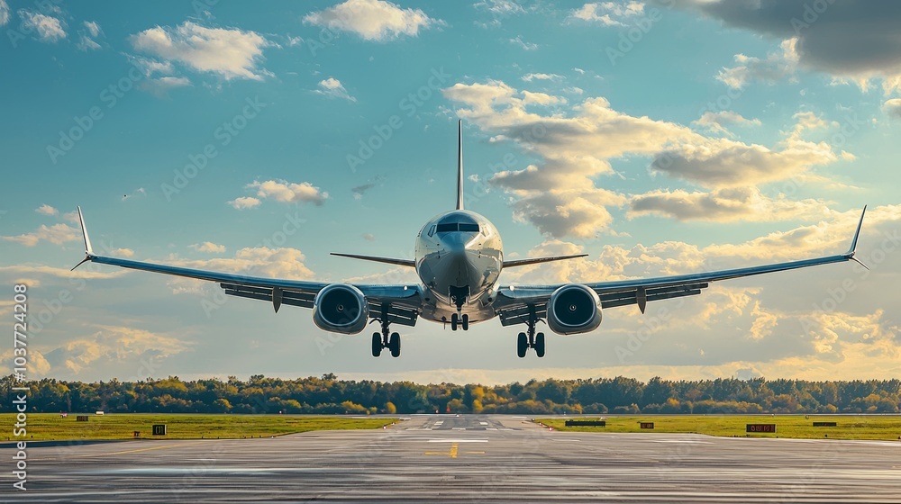 Commercial airplane landing on a runway with a clear blue sky and trees in the background Commercial airplane landing on a runway with a clear blue sky and trees in the background