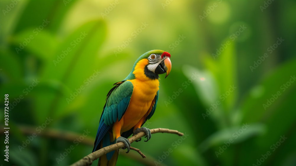 A Vibrantly Colored Parrot Perched on a Lush Tropical Branch, Surrounded by Nature's Beauty and Serenity