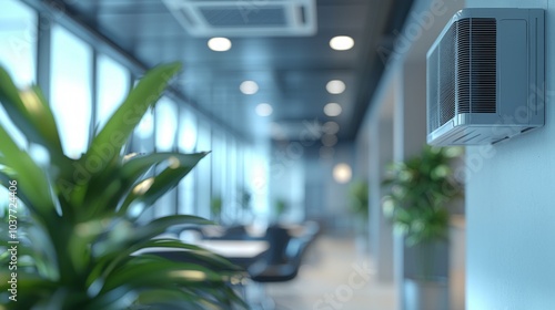 Modern office space with air conditioning and green plants creating a fresh working environment