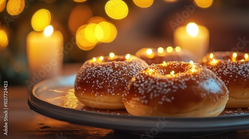 Festive hanukkah donuts with lit candles on plate, sparkling lights and bokeh background, celebration of hanukkah