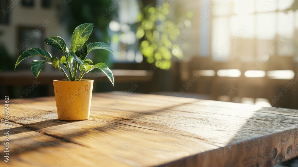 A Small Plant on a Wooden Table in a Sunlit Room A Small Plant on a Wooden Table in a Sunlit Room