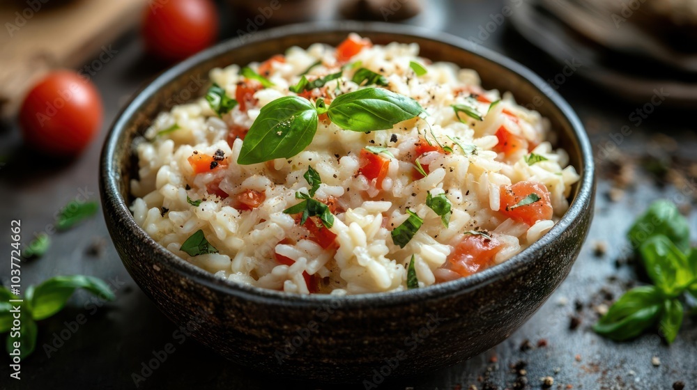 A bowl of pasta with a tomato and herb garnish, A bowl of pasta with a tomato and herb garnish,
