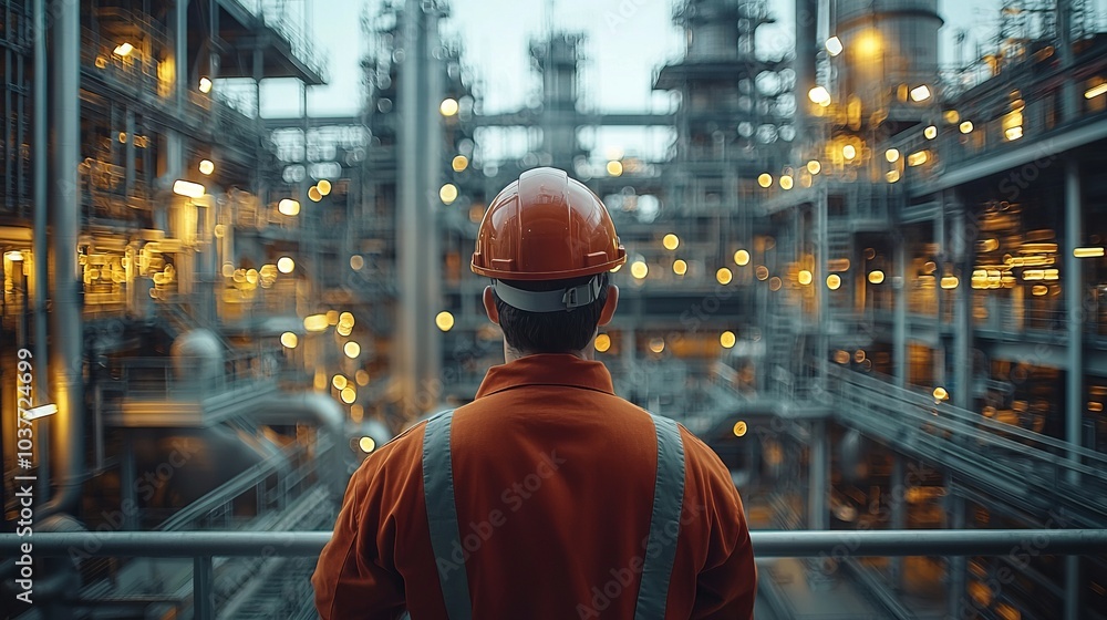 Worker overlooking an industrial plant in a high-visibility vest and hard hat with factory machinery in the background Worker overlooking an industrial plant in a high-visibility vest and hard hat with factory machinery in the background