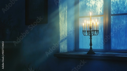 Elegant menorah on windowsill with candlelight illuminating a cozy room at night, celebrating hanukkah tradition photo