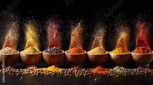 Various colorful spices exploding out of bowls in vibrant and creative food photography photo