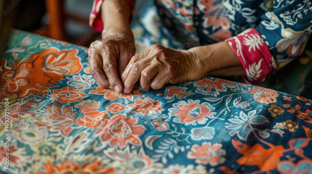 Hands Working on Fabric with Floral Patterns Hands Working on Fabric with Floral Patterns