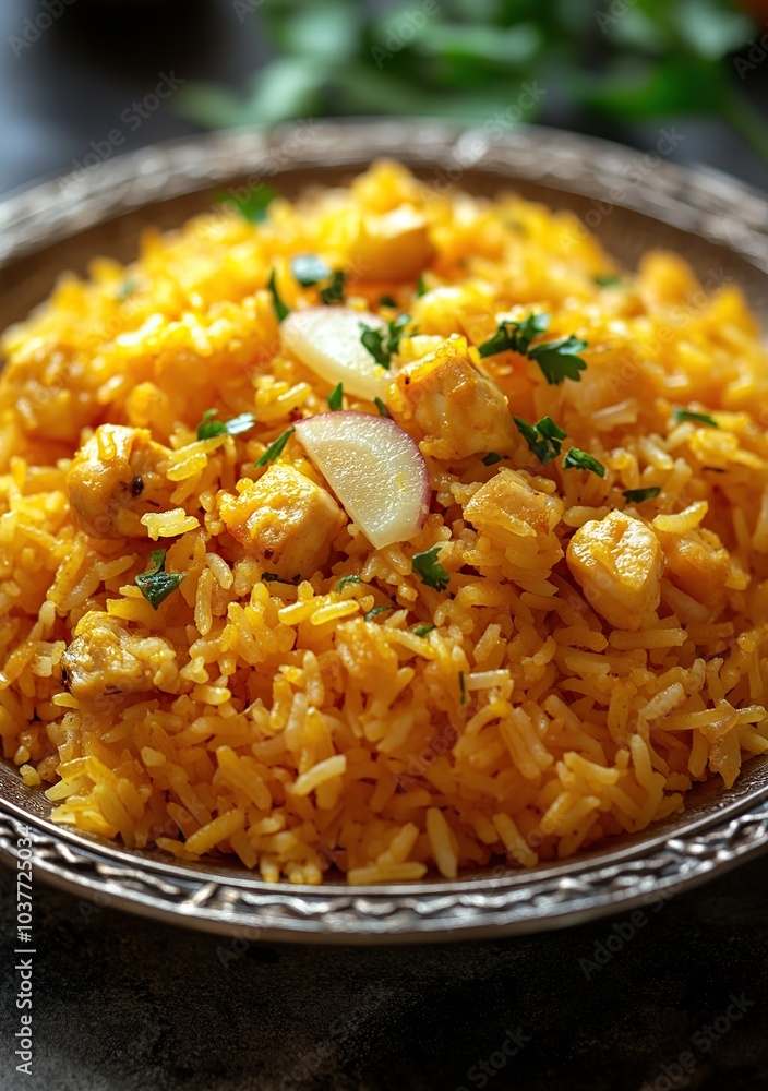 Delicious yellow rice with chicken and radish garnish in a silver bowl. Delicious yellow rice with chicken and radish garnish in a silver bowl.