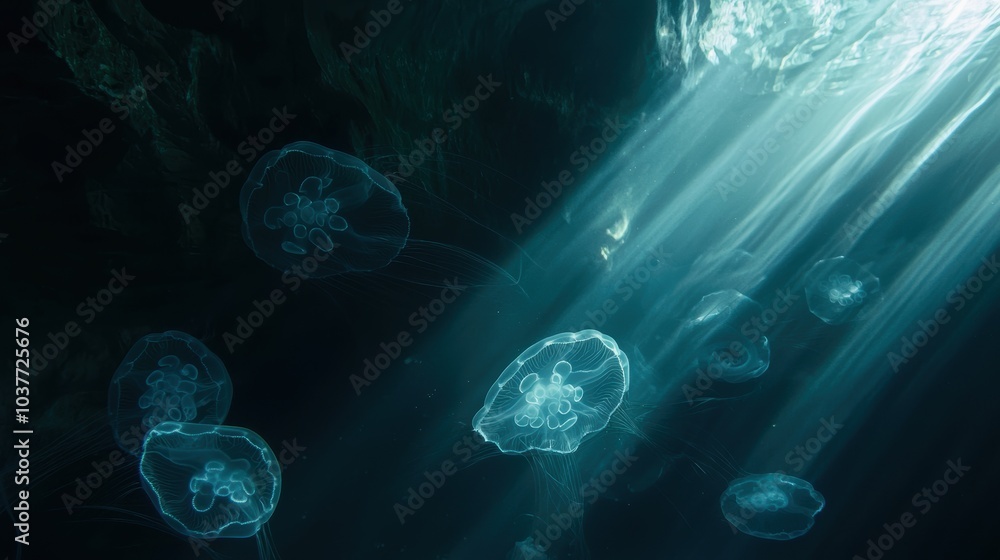 Jellyfish Gliding Through an Underwater Cave Jellyfish Gliding Through an Underwater Cave