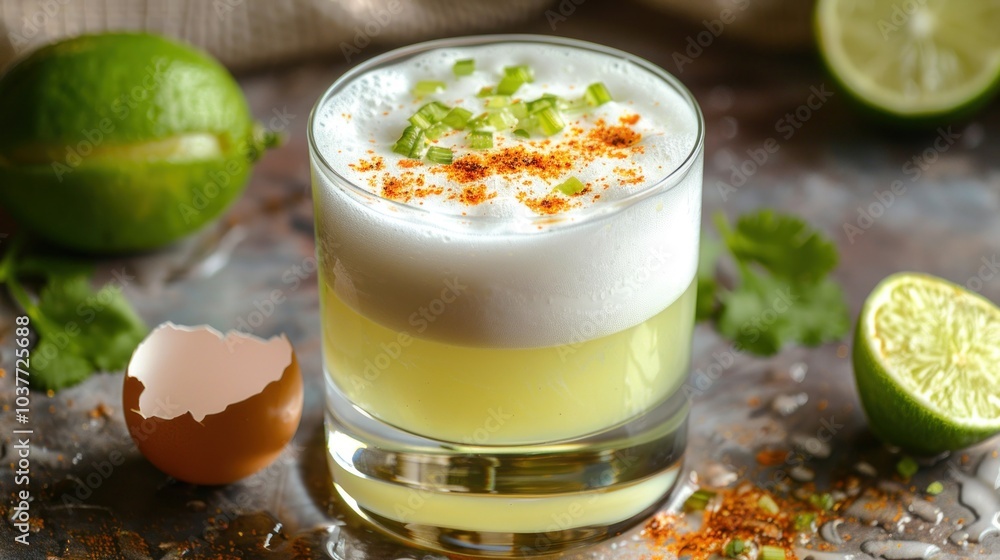 a South American signature cocktail, featuring a grape brandy, mixed with fresh lime juice, simple syrup and frothy egg whites, creating a tangy, refreshing and slightly sweet drink. a South American signature cocktail, featuring a grape brandy, mixed with fresh lime juice, simple syrup and frothy egg whites, creating a tangy, refreshing and slightly sweet drink.