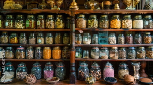 A Shelf of Jars Filled with Herbs and Spices