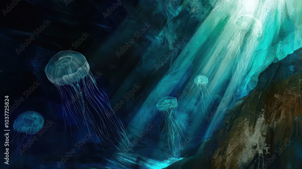 Jellyfish Gliding Through an Underwater Cave Jellyfish Gliding Through an Underwater Cave