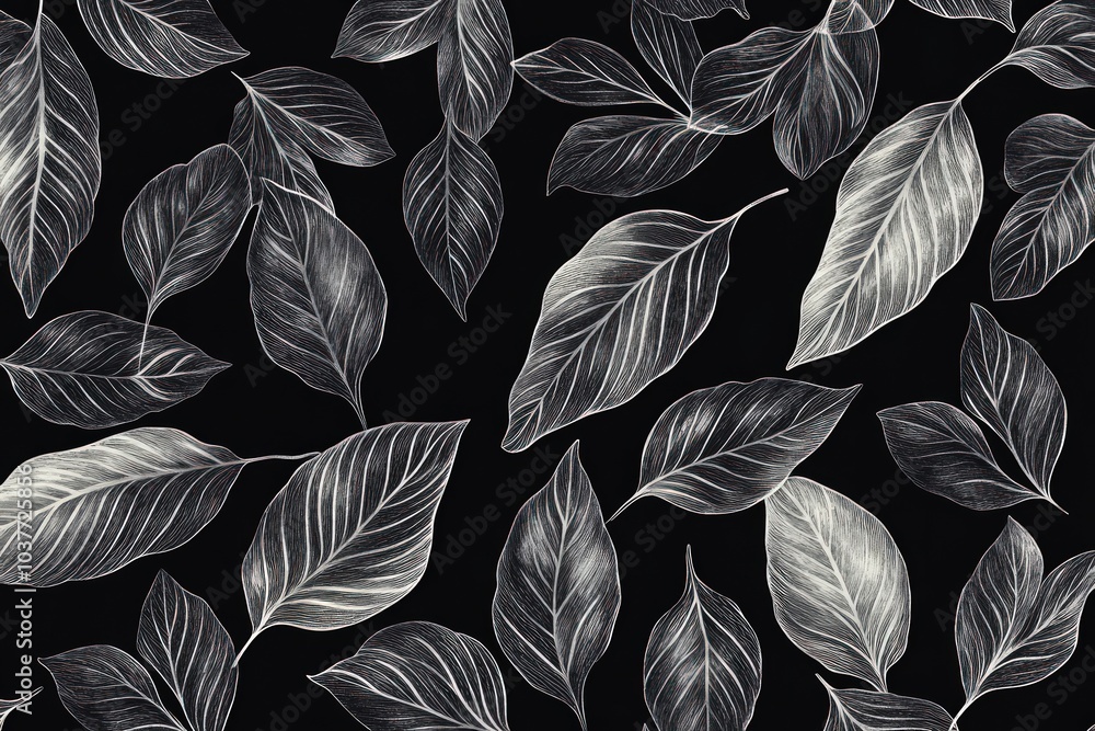 Monochrome black and white leaves pattern with delicate details Monochrome black and white leaves pattern with delicate details