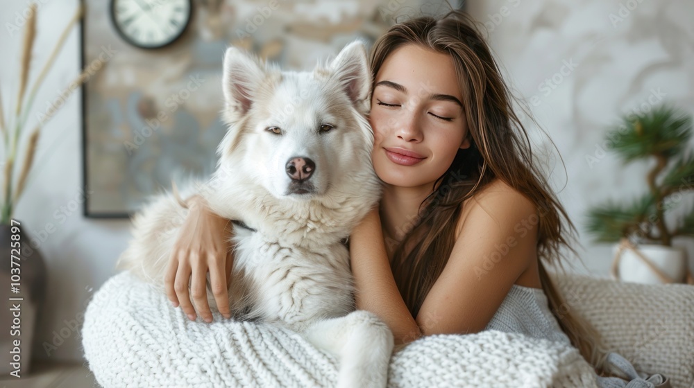 puppy with white fluffy fur and beautiful girl sitting on green soft chair in room, wall painting, wall clock, green tree vase. puppy with white fluffy fur and beautiful girl sitting on green soft chair in room, wall painting, wall clock, green tree vase.