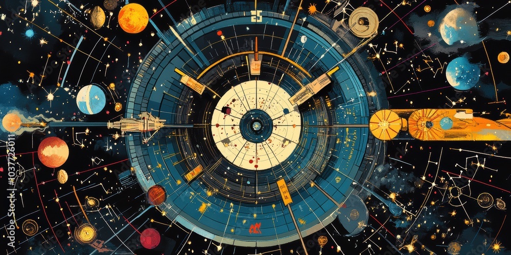 Obraz premium Abstract space art with planets, stars, and lines.