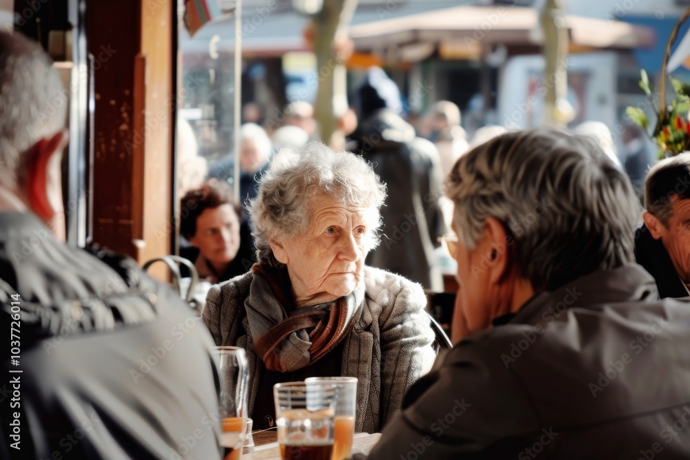 Elderly woman sitting at a table in a cafe on the street Elderly woman sitting at a table in a cafe on the street