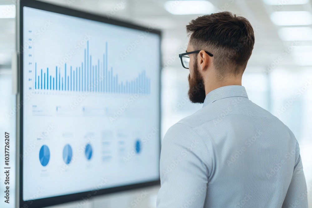 A professional analyzing data on a large screen, showcasing various statistics and graphs in a modern office environment. A professional analyzing data on a large screen, showcasing various statistics and graphs in a modern office environment.