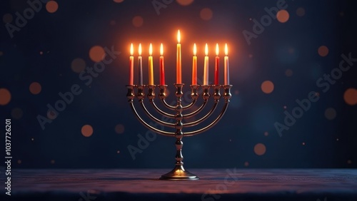 Glowing menorah with nine lit candles on dark background celebrating hanukkah festival