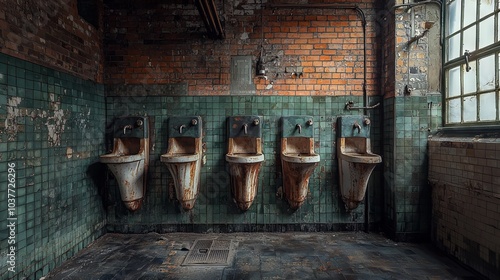 Abandoned public restroom with old rusted urinals and cracked tiles creating a gritty and decayed atmosphere photo