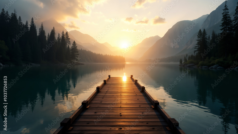Obraz premium A Tranquil Empty Dock Overlooking a Glimmering Lake at Sunset Surrounded by Majestic Mountains and Trees